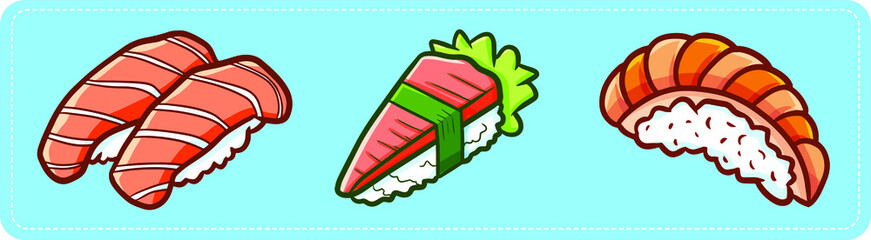 Funny and yummy three meat sushi with light blue background
