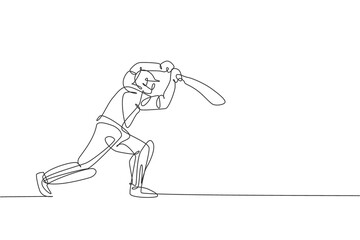One single line drawing of young energetic man cricket player standing to hit the ball vector illustration. Competitive sport concept. Modern continuous line draw design for cricket competition banner