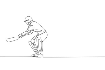 Single continuous line drawing young agile man cricket player practice to swing cricket bat vector graphic illustration. Sport exercise concept. Trendy one line draw design for cricket promotion media