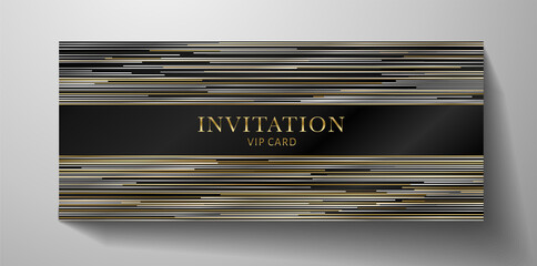 Premium black invite VIP card template with gold, silver horizontal line pattern on background. Deluxe stripe texture for holiday invitation design (formal event), luxury gift certificate, voucher
