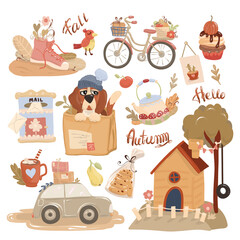 Autumn postcard. Set of vector icons on the theme of hello autumn. Collection of cute seasonal elements. Vector for design, typography cards and posters.