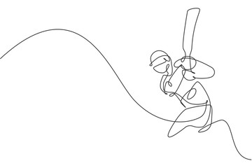 One continuous line drawing of young happy man cricket player hit the ball at competition vector illustration. Competitive sport concept. Dynamic single line draw design for sport advertisement poster