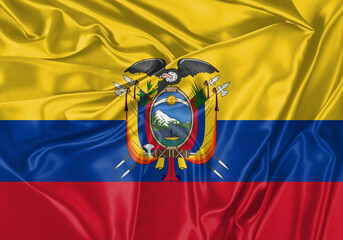 Ecuador flag waving in the wind. National flag on satin cloth surface texture. Background for international concept.