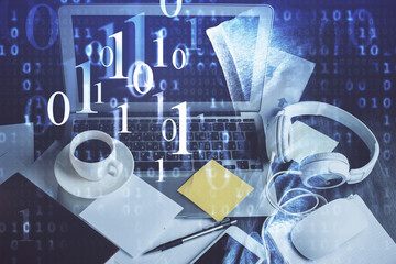 Double exposure of desktop with computer on background and tech theme drawing. Concept of big data.