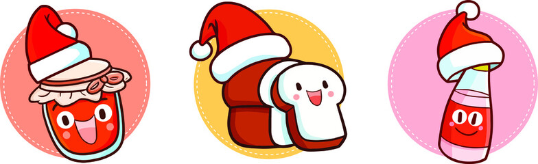 Cute and funny bread, jam, and juice laughing happily and wearing Santa's hat for christmas