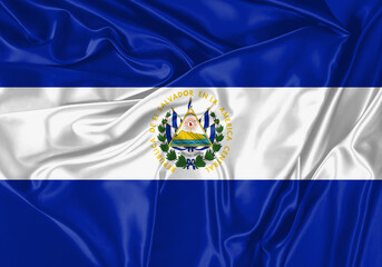 El Salvador flag waving in the wind. National flag on satin cloth surface texture. Background for international concept.