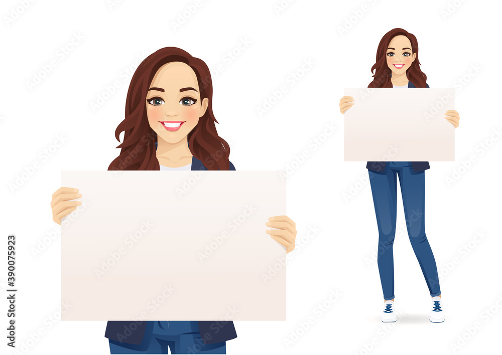 Wall mural Casual cute businesss woman holding empty blank board isolated vector illustration