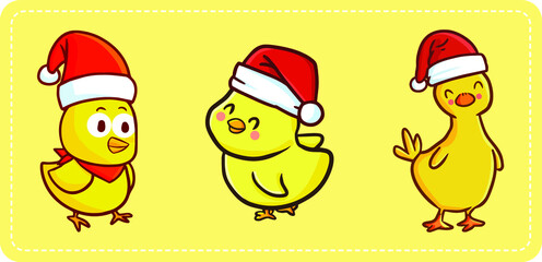 Funny and cute three little duck or chicken wearing Santa's hat for Christmas celebration