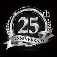 Celebrating 25th anniversary logo, with silver ring and ribbon.