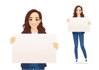 Casual cute businesss woman holding empty blank board isolated vector illustration