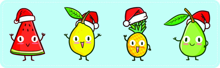 Funny and cute four fruits wearing Santa's hat for Christmas celebration