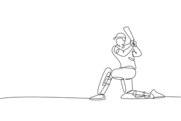 Obraz na płótnie Canvas One single line drawing of young energetic man cricket player stand with knee on the ground vector illustration. Sport fair concept. Modern continuous line draw design for cricket competition banner