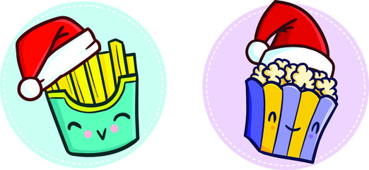 Funny and cute french fries and pop corn wearing Santa's hat for Christmas celebration