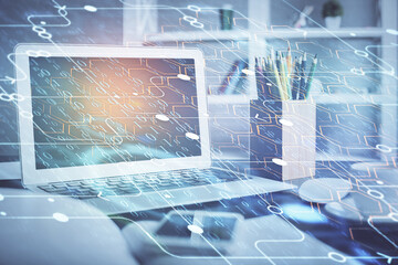 Double exposure of desktop with computer on background and tech theme drawing. Concept of big data.