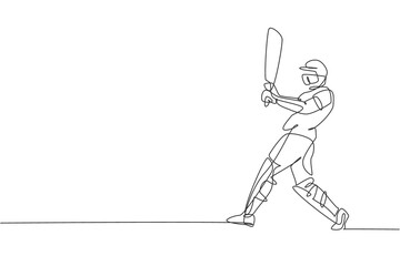 Fototapeta premium Single continuous line drawing of young agile man cricket player successfully hit the ball at field vector illustration. Sport exercise concept. Trendy one line draw design for cricket promotion media