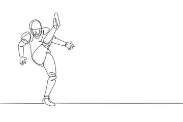 One single line drawing of young energetic american football player kicking the ball for national league promotion. Sport competition concept. Modern continuous line draw design vector illustration