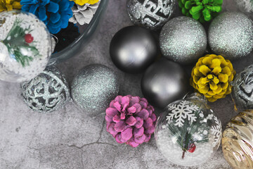 Obraz na płótnie Canvas new year toys on gray background