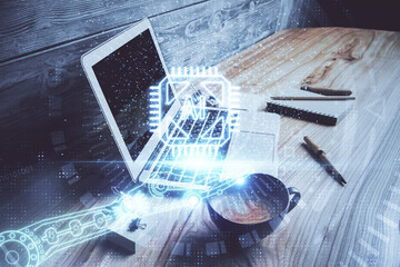 Double exposure of desktop with personal computer on background and tech theme drawing. Concept of data analysis.