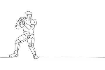 One continuous line drawing of young happy american football player hold and ready to pass the ball for competition poster. Sport teamwork concept. Dynamic single line draw design vector illustration