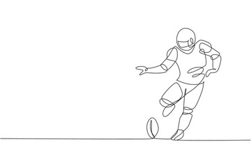 Fototapeta na wymiar One continuous line drawing of young sporty american football player kicking the ball hard at arena for competition poster. Sport teamwork concept. Dynamic single line draw design vector illustration