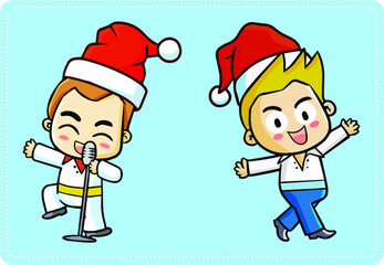 Funny and cute two entertainer men wearing Santa's hat for Christmas celebration
