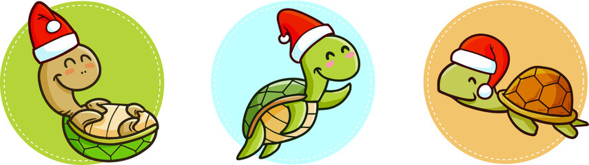Funny and cute three turtles wearing Santa's hat for Christmas celebration