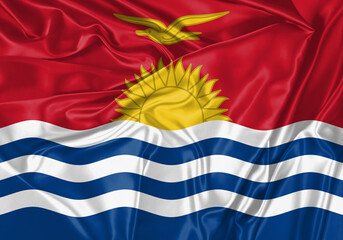 Kiribati flag waving in the wind. National flag on satin cloth surface texture. Background for international concept.