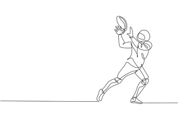Fototapeta na wymiar One continuous line drawing young american football player catch the ball from his teammate for competition poster. Sport teamwork concept. Dynamic single line draw design graphic vector illustration