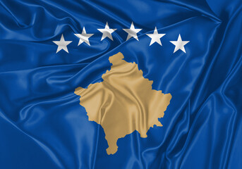 Kosovo flag waving in the wind. National flag on satin cloth surface texture. Background for...