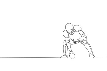 Fototapeta premium One single line drawing of energetic american football player stance to pass the ball for national league promotion. Sport competition concept. Modern continuous line draw design vector illustration