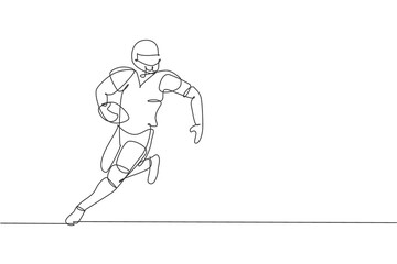 One continuous line drawing of young happy american football player running fast to avoid opponents for competition poster. Sport teamwork concept. Dynamic single line draw design vector illustration