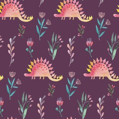 Watercolor seamless pattern with dinosaurs, trees, plants. The texture of the prehistoric period for packaging, scrapbooking, wallpaper.