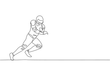 Single continuous line drawing young agile american football player running fast to score a goal for competition media. Sport exercise concept. Trendy one line draw design vector graphic illustration