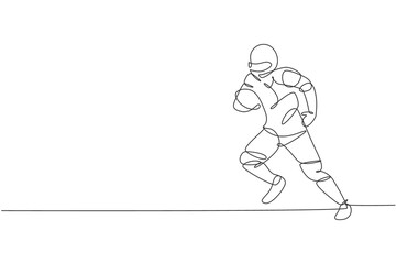 Single continuous line drawing of young agile american football player hold the ball and avoid opponents for competition media. Sport exercise concept. Trendy one line draw design vector illustration