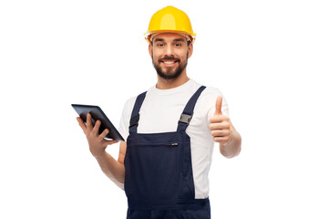 profession, construction and building - happy smiling male worker or builder in yellow helmet and...