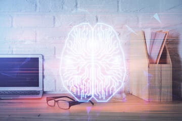 Double exposure of desktop computer and human brain drawing hologram. Ai concept.