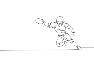 One single line drawing of young energetic american football player jump and catch ball for national league promotion. Sport competition concept. Modern continuous line draw design vector illustration