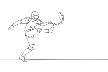 Fototapeta na wymiar One single line drawing of energetic american football player kicking the ball hard at arena for league promotion. Sport competition concept. Modern continuous line draw design vector illustration