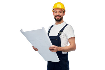 profession, construction and building - happy smiling male worker or builder in helmet with blueprint over white background