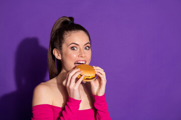 Close-up portrait of attractive cheerful brown-haired girl eating burger copy space isolated over bright violet color background