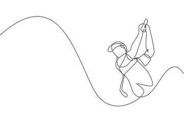 One single line drawing of young sporty golf player hit the ball using golf club graphic vector illustration. Healthy sport concept. Modern continuous line draw design for golf tournament poster