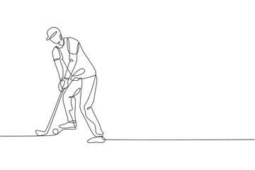 Fototapeta na wymiar One single line drawing of young sporty golf player hit the ball using golf club graphic vector illustration. Healthy sport concept. Modern continuous line draw design for golf tournament poster