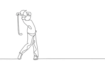 Foto op Canvas Single continuous line drawing of young happy golf player swing the golf club to hit the ball. Hobby sport concept. Trendy one line draw design vector illustration for golf tournament promotion media © Simple Line