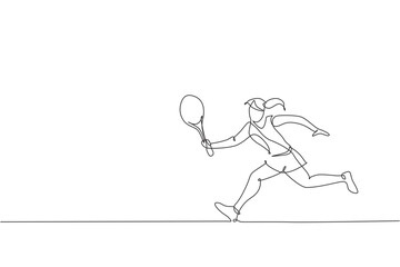 One continuous line drawing young happy woman tennis player run and hit the ball. Competitive sport concept. Dynamic single line draw design vector graphic illustration for tournament promotion poster