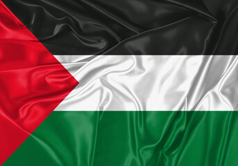 Palestine flag waving in the wind. National flag on satin cloth surface texture. Background for...