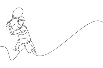 One single line drawing young energetic male tennis player hit the ball graphic vector illustration. Sport training concept. Modern continuous line draw design for tennis competition banner and poster