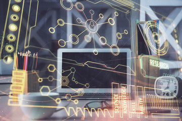 Double exposure of desktop with personal computer on background and tech theme drawing. Concept of Bigdata.