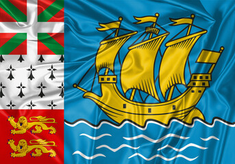 Saint Pierre And Miquelon flag waving in the wind. National flag on satin cloth surface texture. Background for international concept.