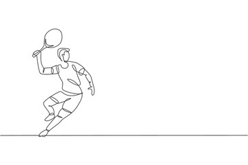 Single continuous line drawing of young agile man tennis player wait to hit opponent ball. Sport exercise concept. Trendy one line draw design vector illustration for tennis tournament promotion media