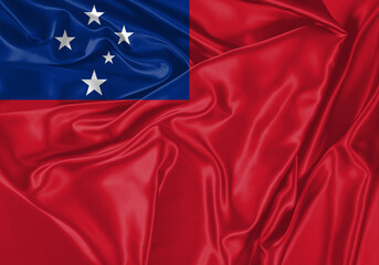 Samoa flag waving in the wind. National flag on satin cloth surface texture. Background for international concept.